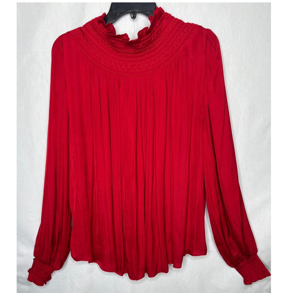 Gibson Latimer Red Smocked Mock Neck Ruffle Blouse Long Sleeve Top Womens‎ Large - Picture 4 of 4